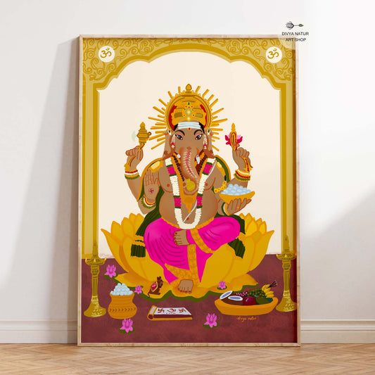 Lord Ganesha art print seated on lotus symbolizing wisdom and prosperity