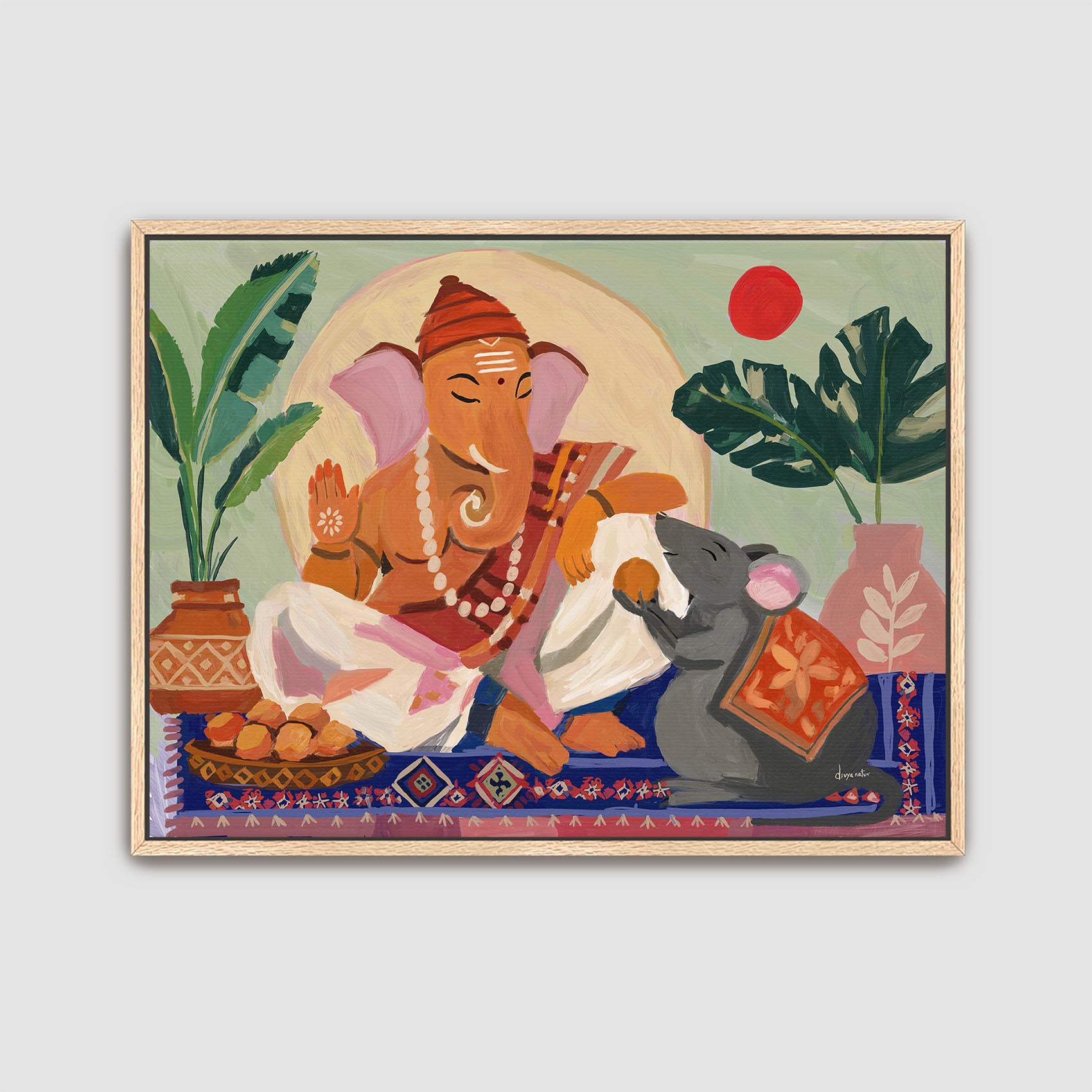 Hand illustrated Ganesha wall art featuring a peaceful elephant god with a mouse companion