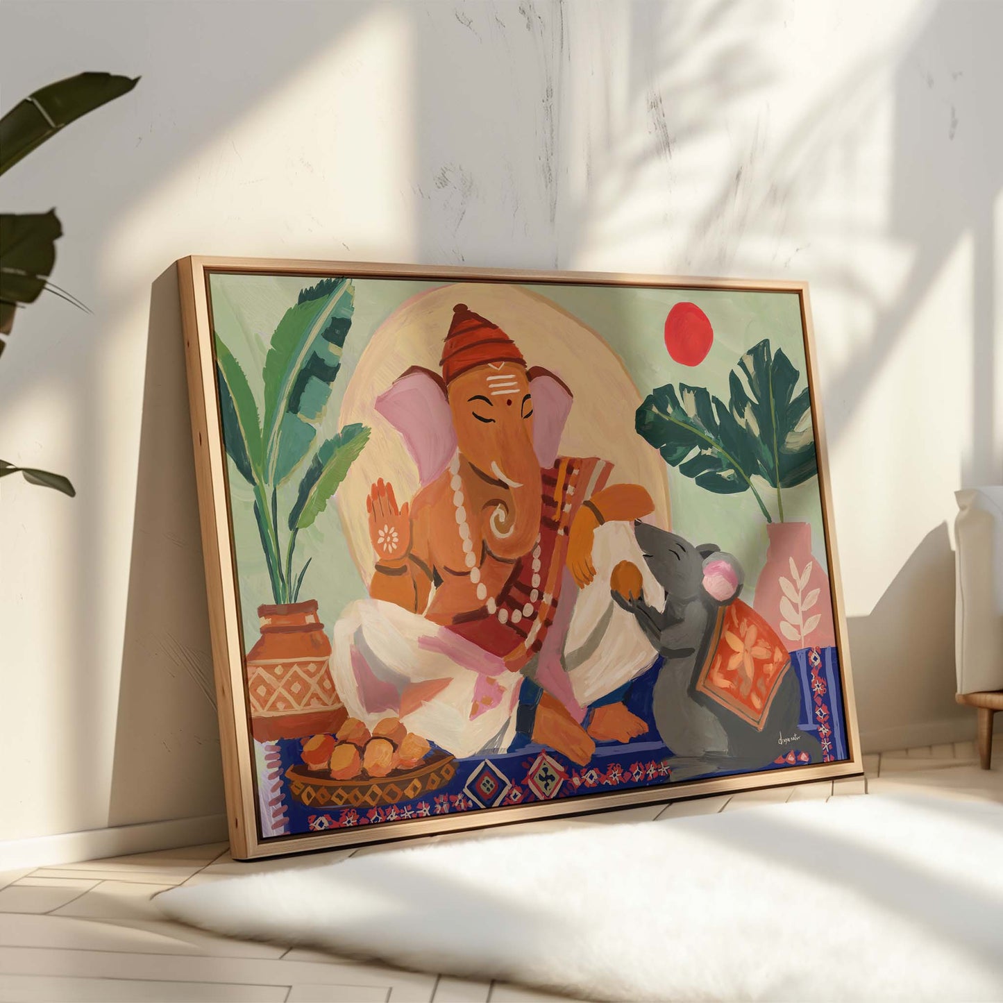 Modern Indian spiritual wall art showing Lord Ganesha seated beside a joyful mouse illustration