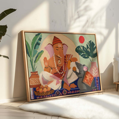 Modern Indian spiritual wall art showing Lord Ganesha seated beside a joyful mouse illustration