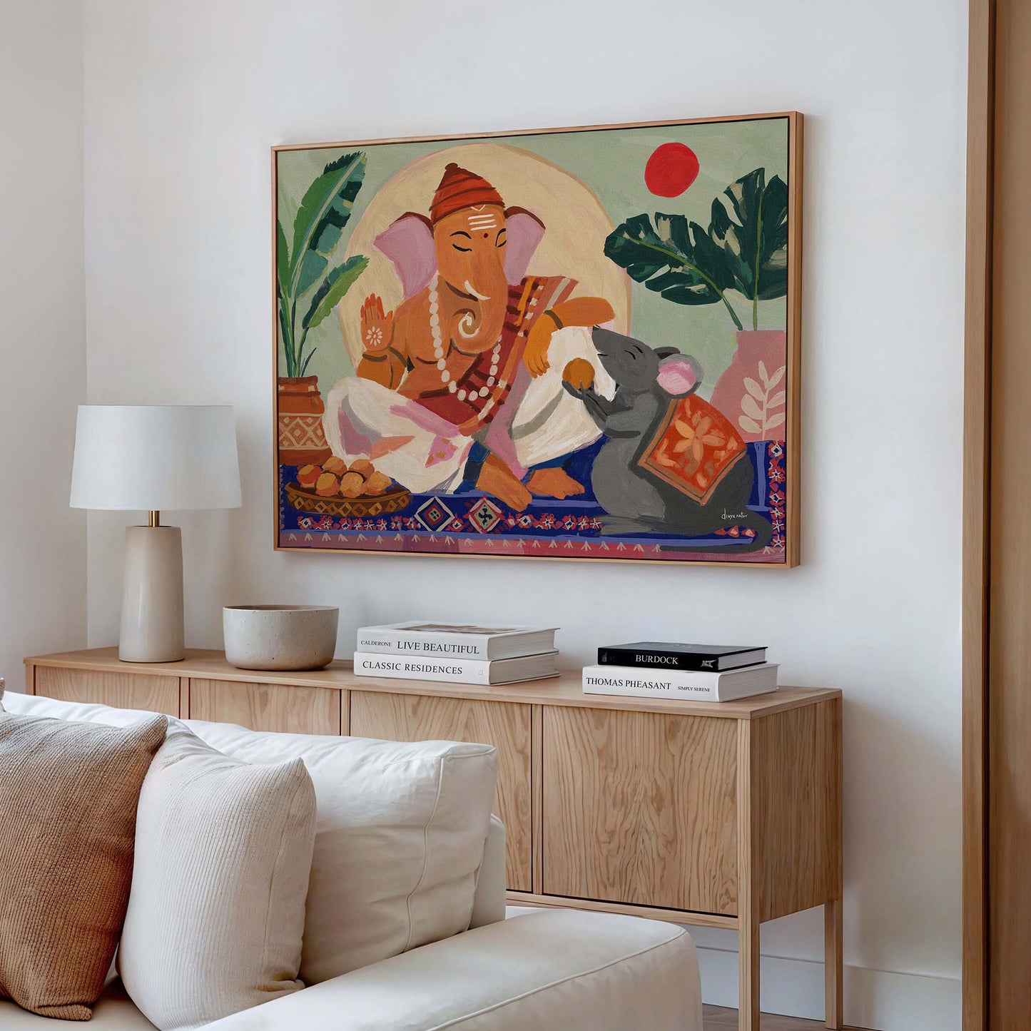 South Indian inspired Ganesha artwork with banana leaves, warm earthy colors, and sacred symbolism