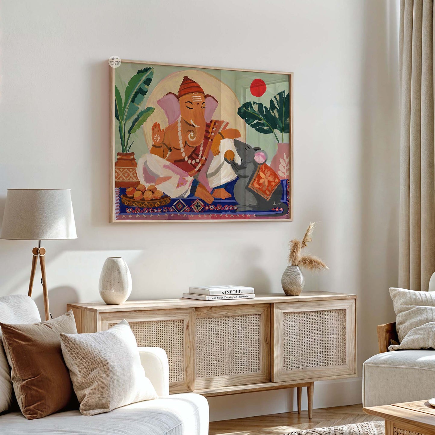Colorful Ganesha fine art print with tropical leaves, traditional rug patterns, and soft neutral background