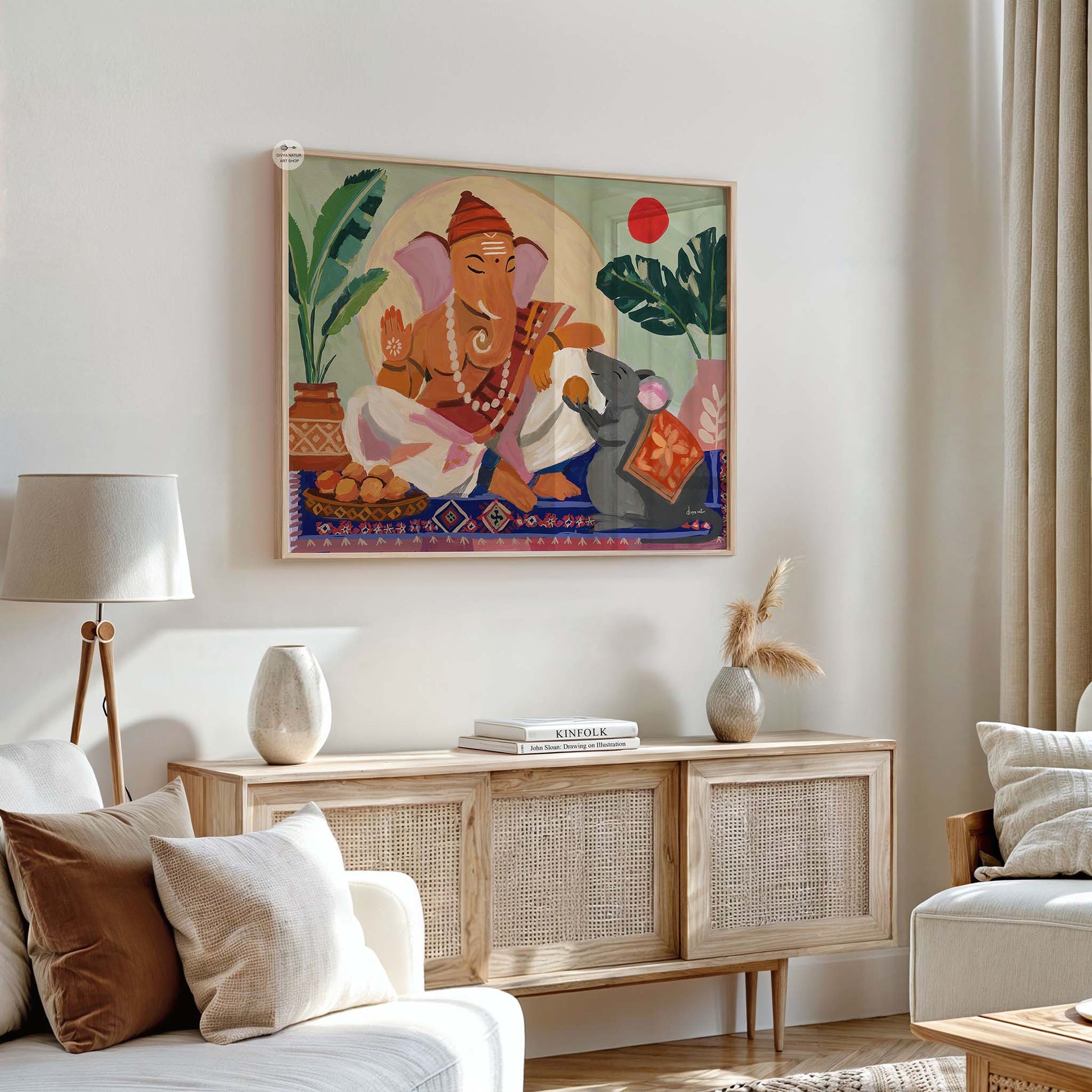 Colorful Ganesha fine art print with tropical leaves, traditional rug patterns, and soft neutral background