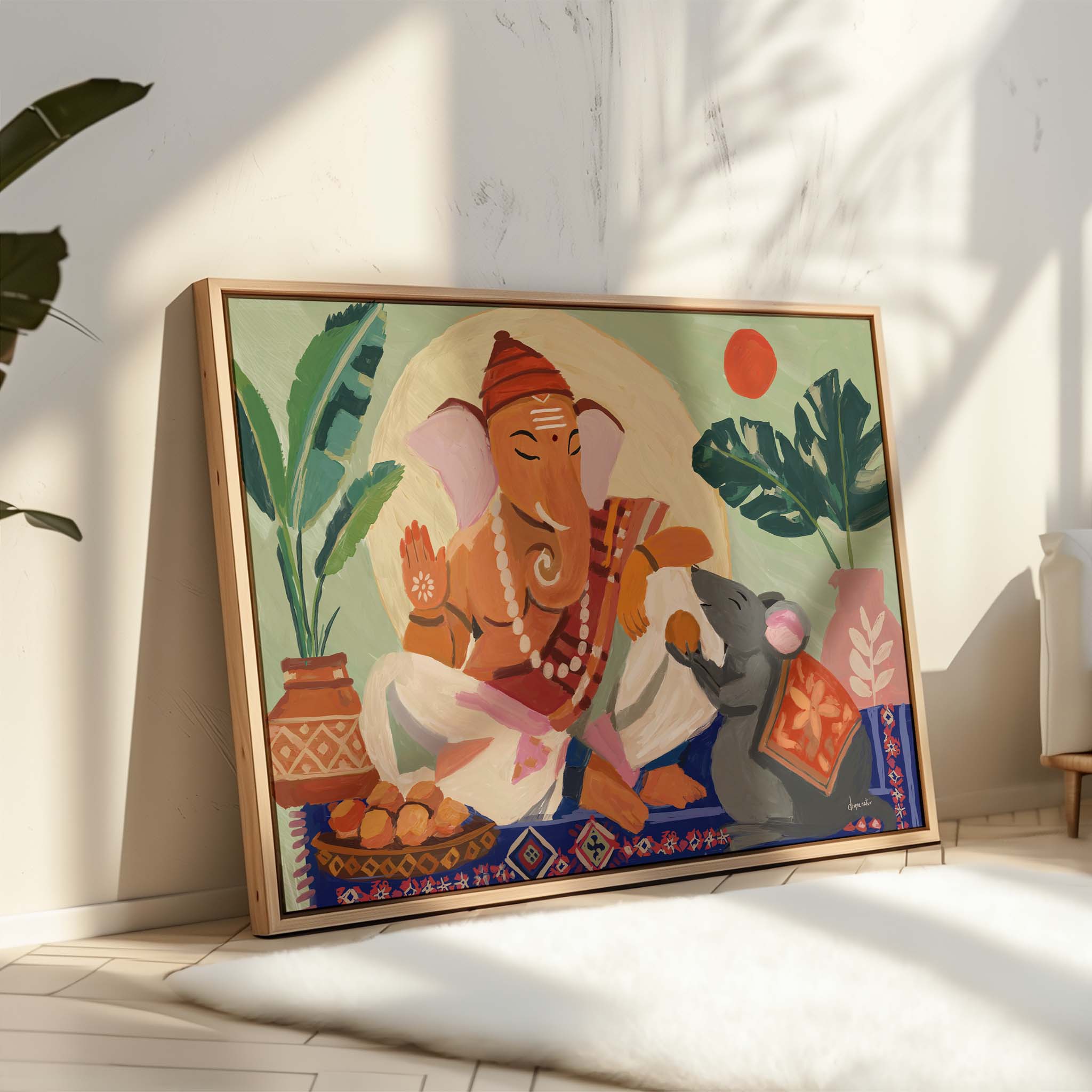 Vibrant abstract Ganesha wall decor designed in a contemporary Indian folk art style with bold colors, expressive shapes, and spiritual warmth