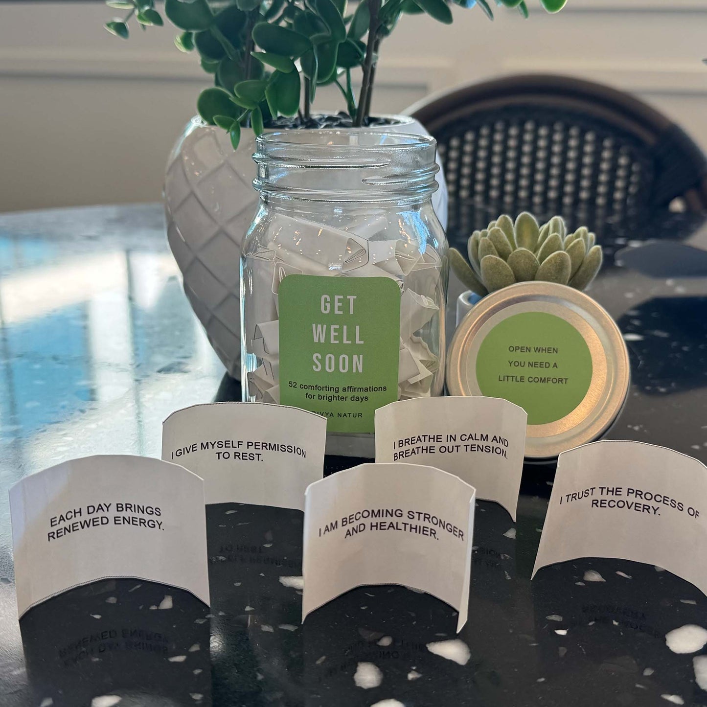 Get well soon jar filled with positive affirmations for recovery and emotional support