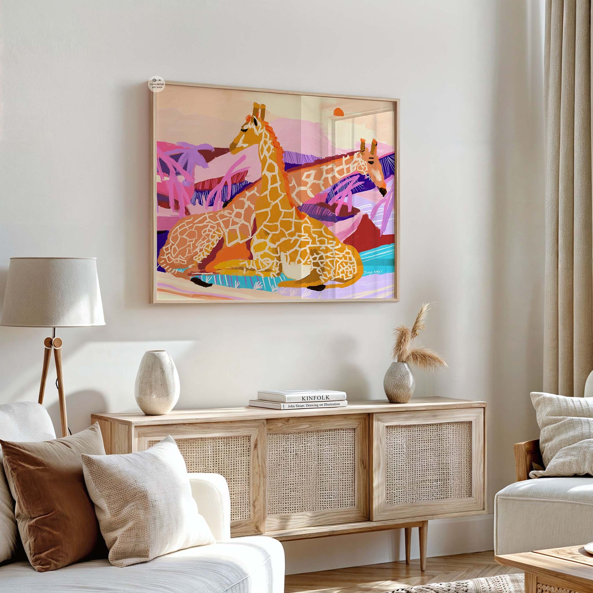 Two giraffes illustrated with bold patterns, dreamy safari wall art in pink, purple, and orange hues