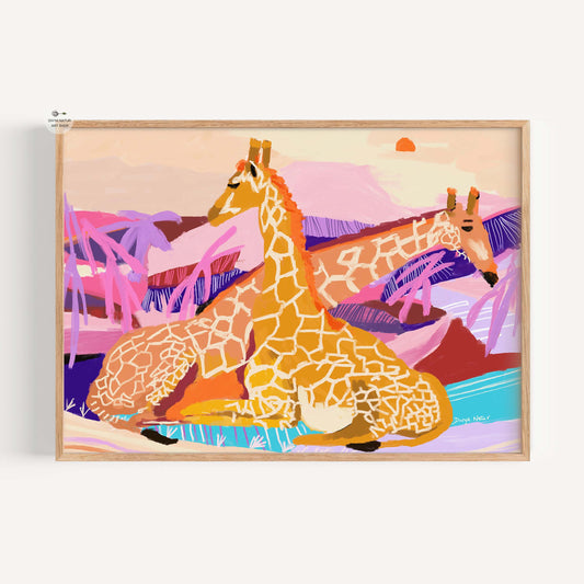 Resting giraffe duo in a colorful safari sunset, vibrant fine art print for wildlife-inspired décor