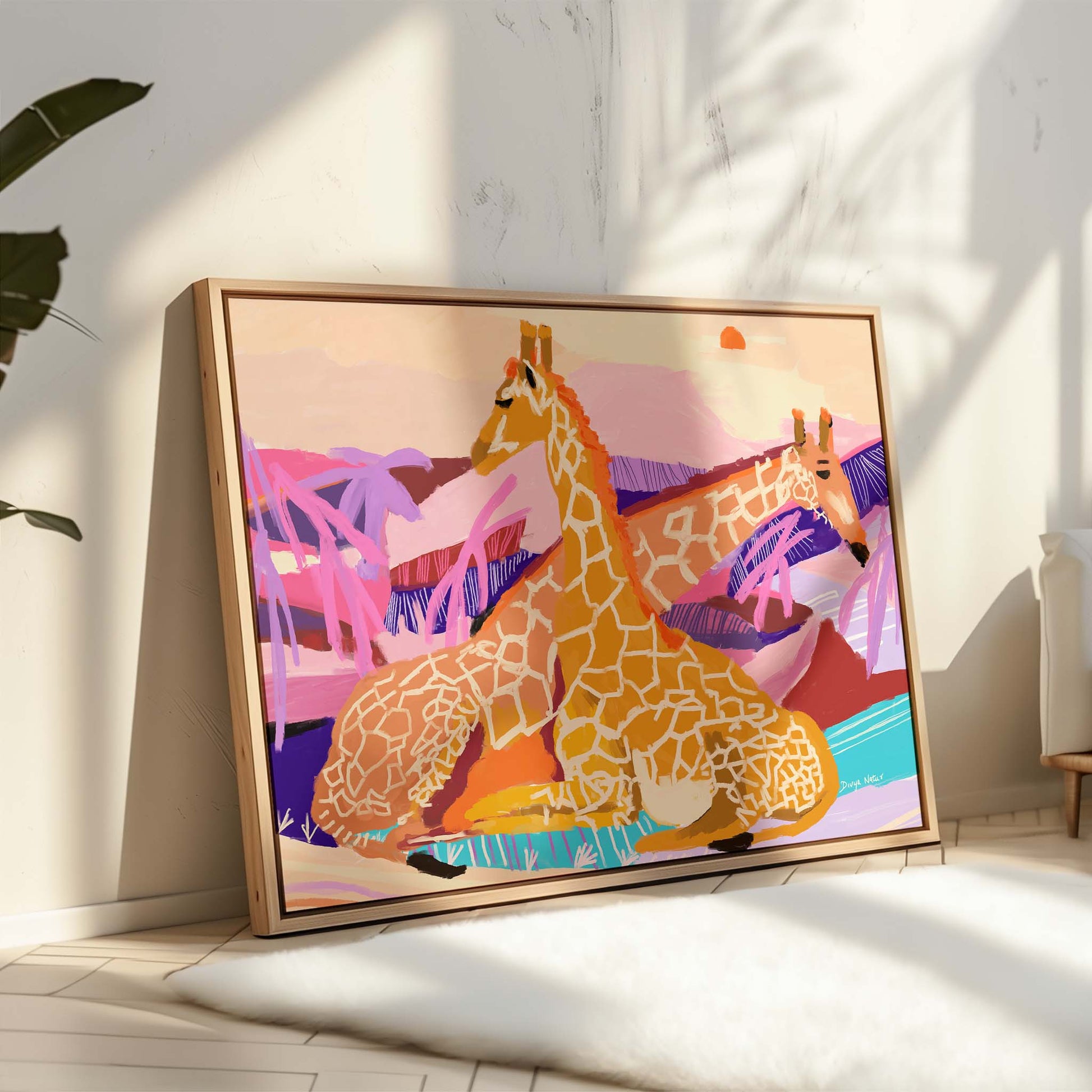 Safari sunset giraffe art print with modern vibrant colors, fine art wildlife wall décor