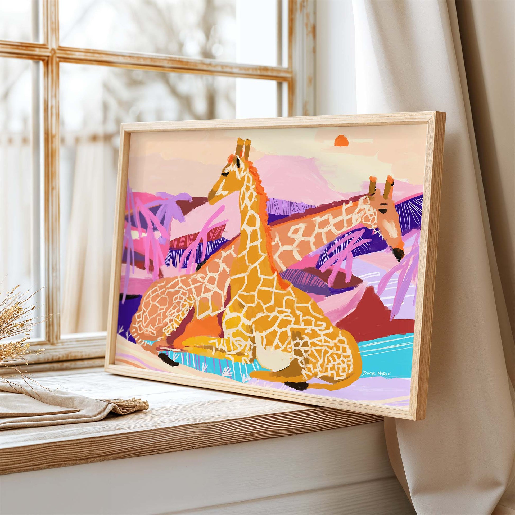 Colorful giraffe duo artwork symbolizing calm and harmony, archival fine art wildlife print