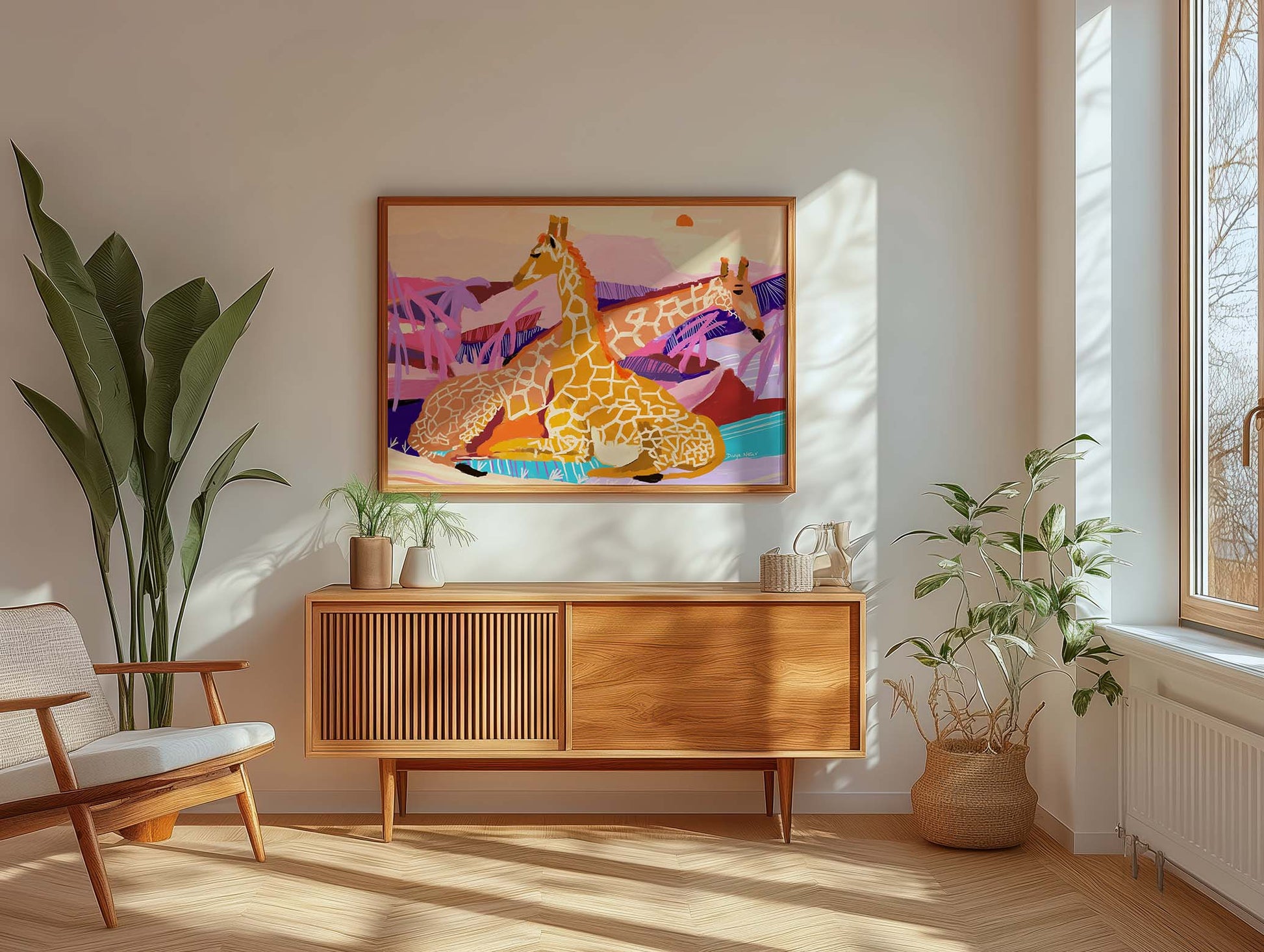 Vibrant safari giraffe print with hand-painted details, perfect wildlife wall art for living rooms