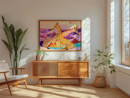 Vibrant safari giraffe print with hand-painted details, perfect wildlife wall art for living rooms