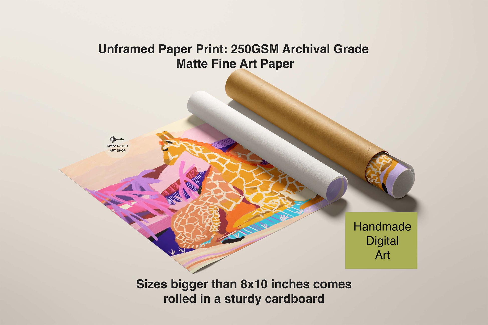 Unframed paper print with a colorful design, rolled in cardboard on a light beige background.