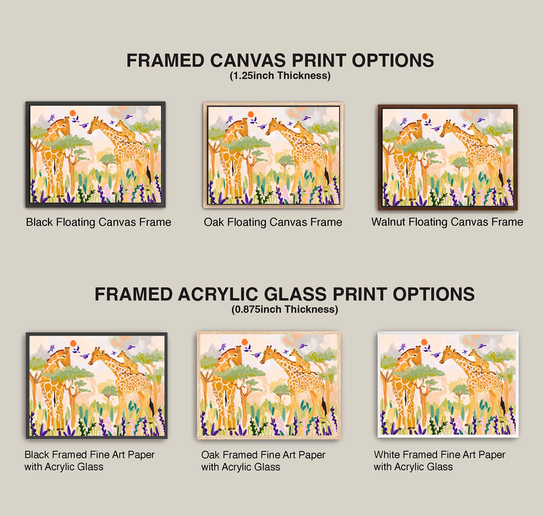 Comparison of framed canvas and acrylic glass print options with giraffe illustrations.