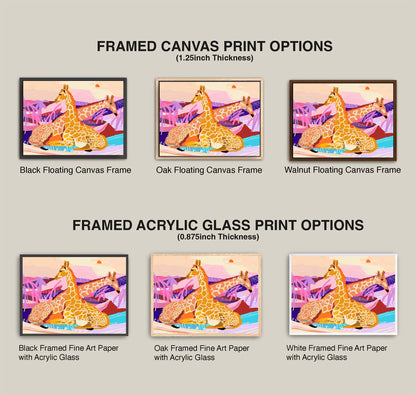 Comparison of framed canvas and acrylic glass print options with giraffe illustrations.