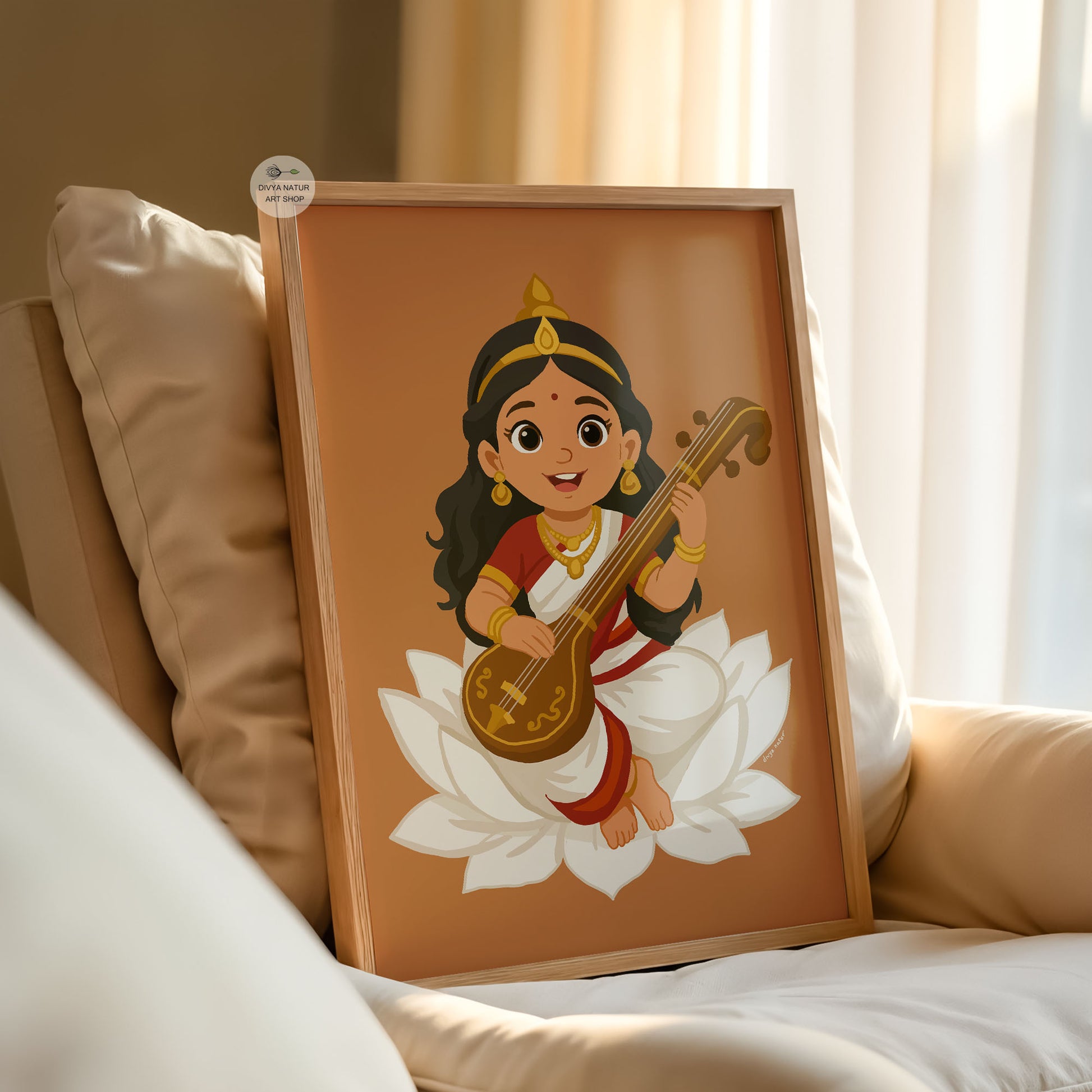 Cute Saraswati artwork on lotus with veena, Indian cultural and spiritual wall art print