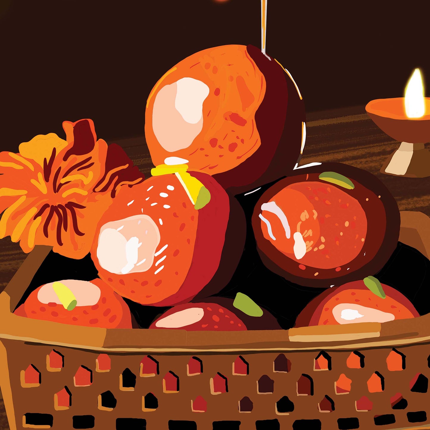Gulab jamun wall art print in warm tones, Indian dessert artwork perfect for kitchen and dining decor.