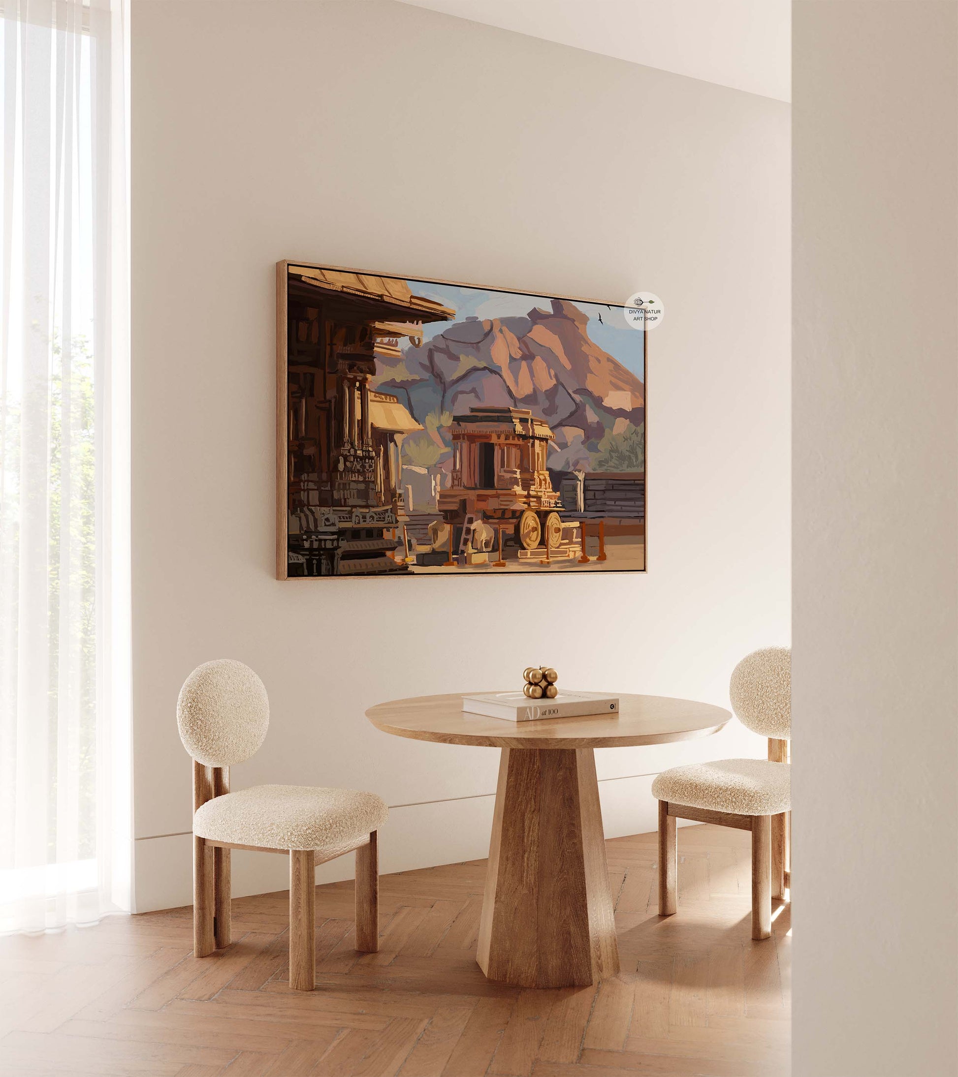 Indian cultural wall decor featuring traditional temple structures and painterly textures