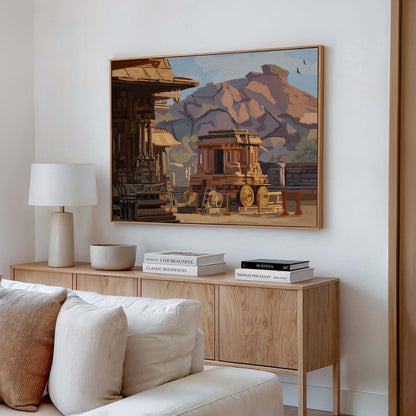 South Indian temple artwork with warm earthy tones and rocky mountain landscape backdrop