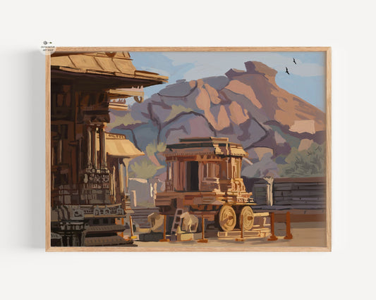 Ancient Indian temple painting featuring warm sunlight and historic architectural details