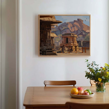 Hampi inspired architectural artwork with stone chariot and peaceful heritage atmosphere