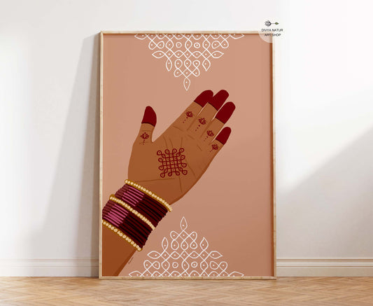 Indian mehndi hand art print with kolam palm design and traditional bangles wall decor