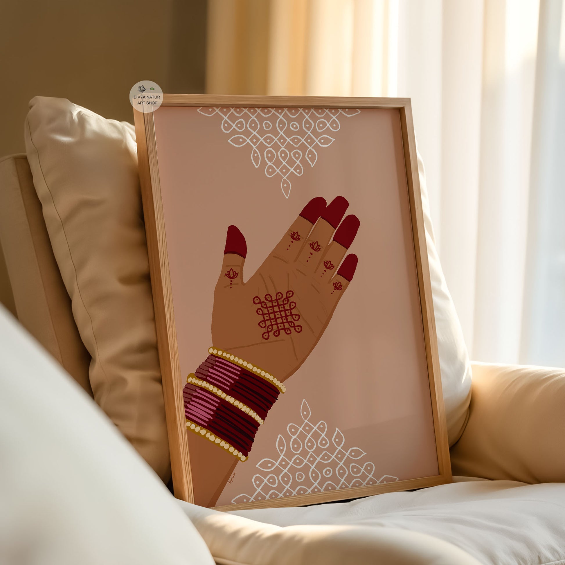 South Indian hand illustration with kolam pattern and elegant bangles decor
