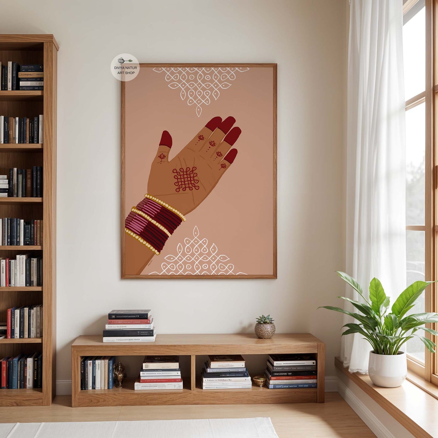 Indian wall art showing decorated hand with henna inspired palm detail
