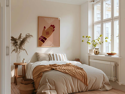 Minimal Indian decor print with kolam design and warm tone composition
