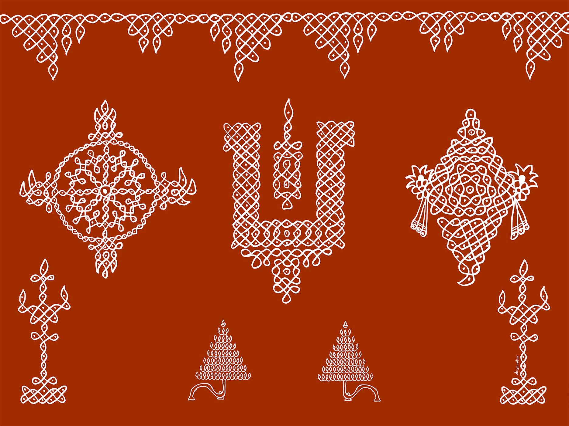 Vishnu kolam rangoli artwork featuring sacred conch and discus symbols