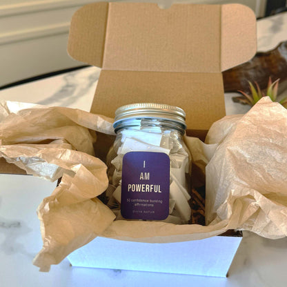 I Am Powerful affirmation jar filled with confidence building messages designed to inspire self belief and motivation