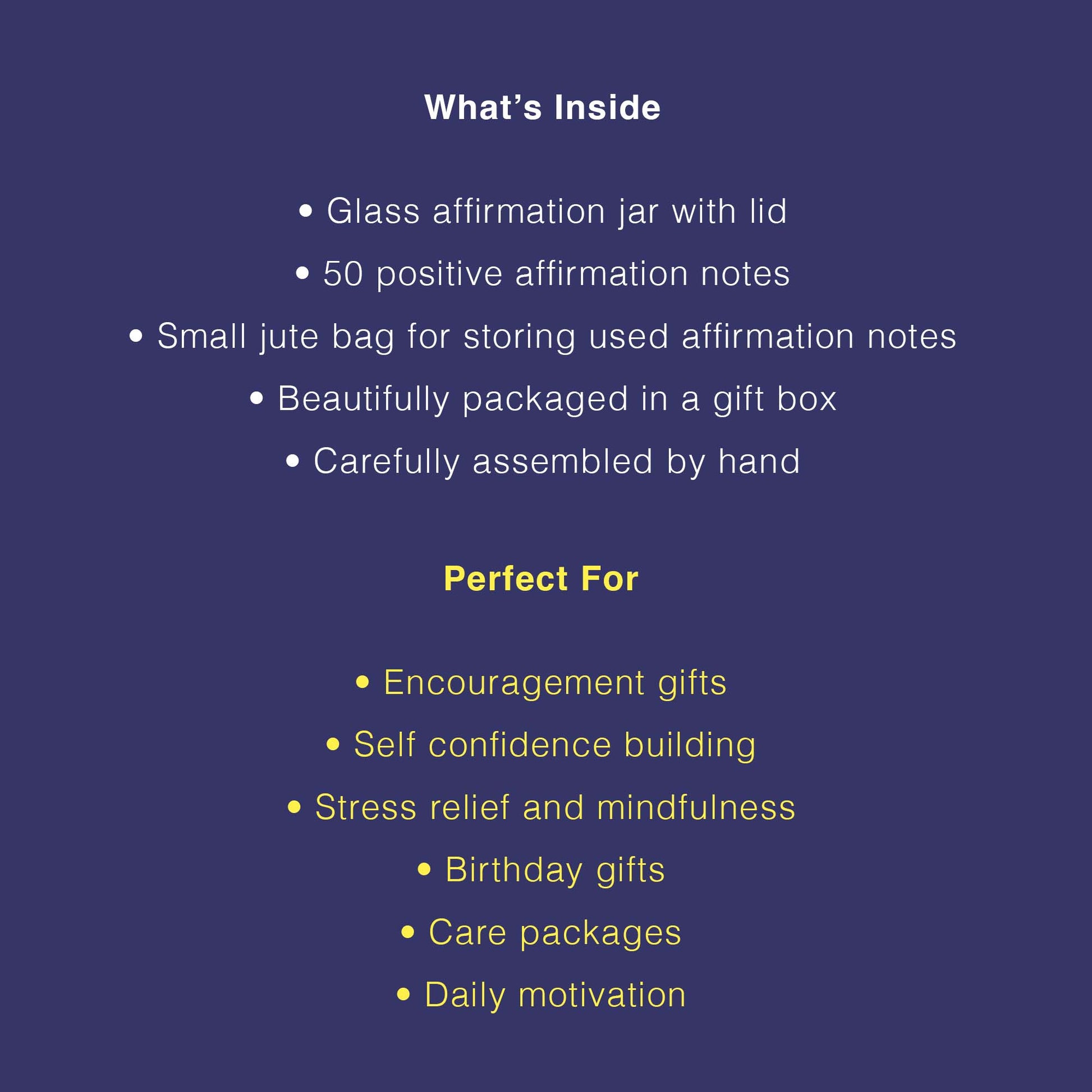 Product description of a glass affirmation jar with positive affirmation notes on a blue background.