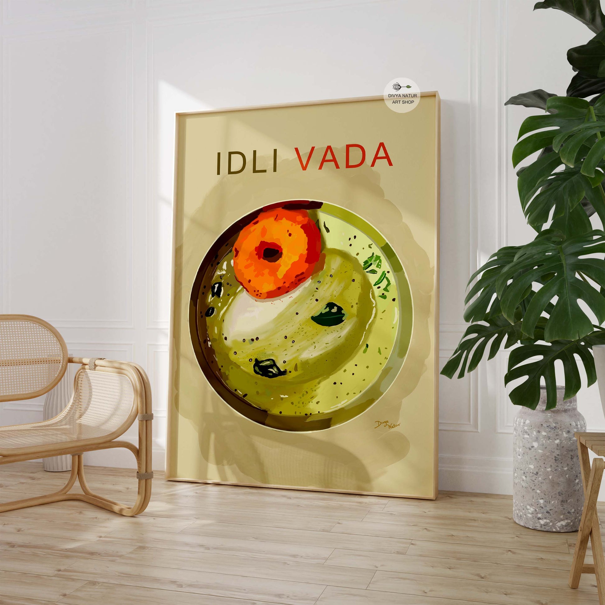 Idli and dosa art print with spice accents for kitchen decor.