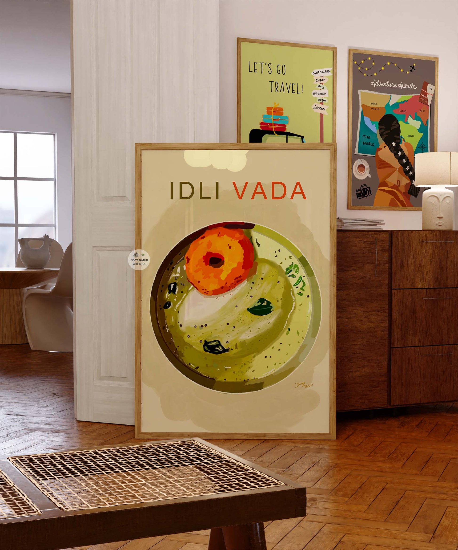 Vibrant South Indian cuisine poster with traditional dishes.
