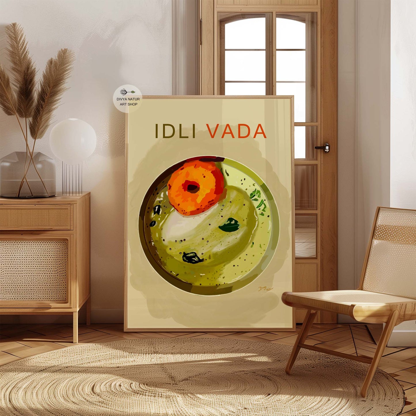 Art print featuring dosa, idli, and chutneys for food lovers.