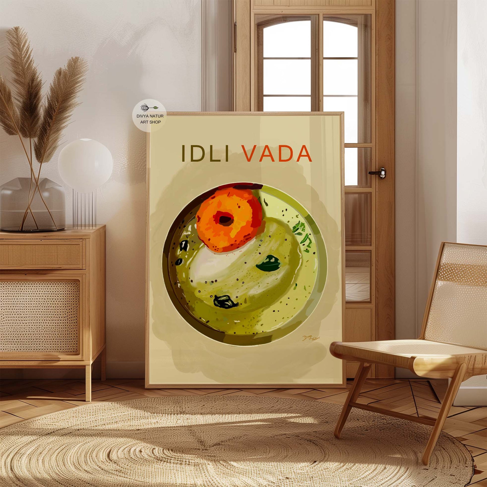 Art print featuring dosa, idli, and chutneys for food lovers.