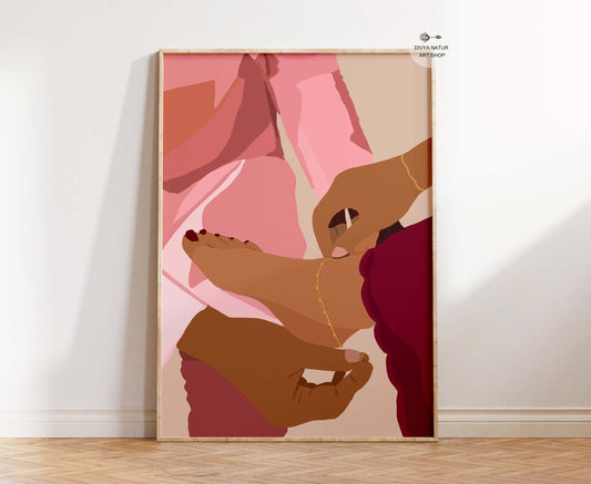 Fine art print, romantic couple anklet moment, blush pink and burgundy tones