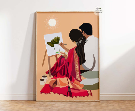 Romantic Indian couple art print with woman painting and partner beside her serene wall decor
