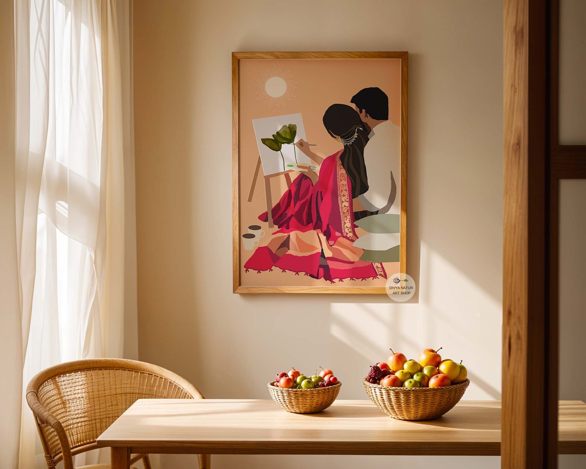Saree inspired couple artwork showing quiet love and creative moment in warm tones decor