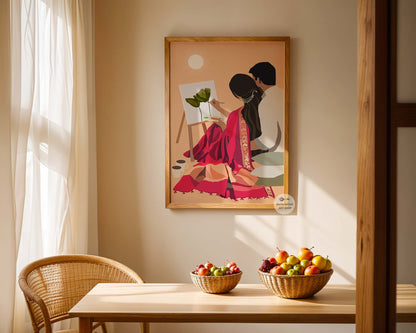 Saree inspired couple artwork showing quiet love and creative moment in warm tones decor