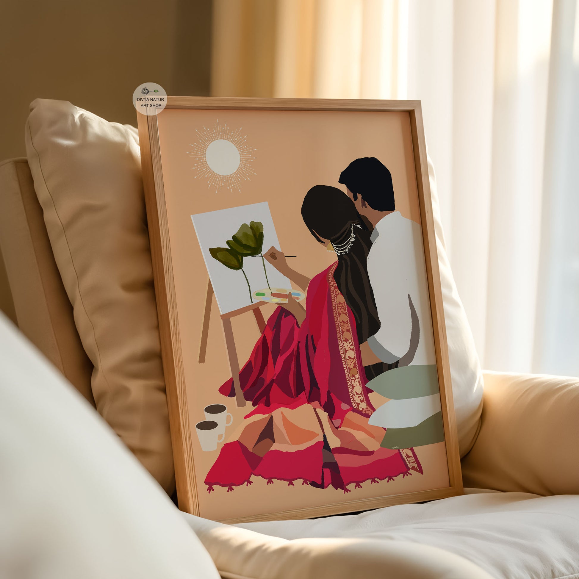 Indian love wall art featuring artistic couple scene with calm and intimate composition