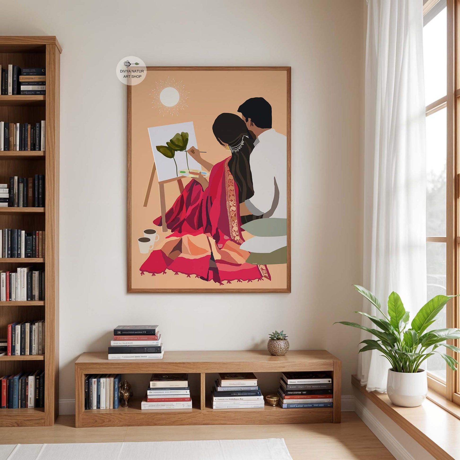 Artistic Indian wall decor showing woman painting while partner sits close beside her