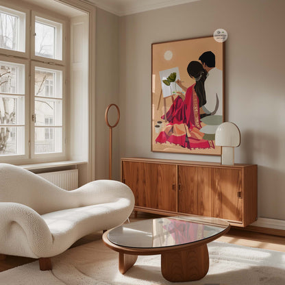 Cultural couple art print with saree details and modern romantic interior styling