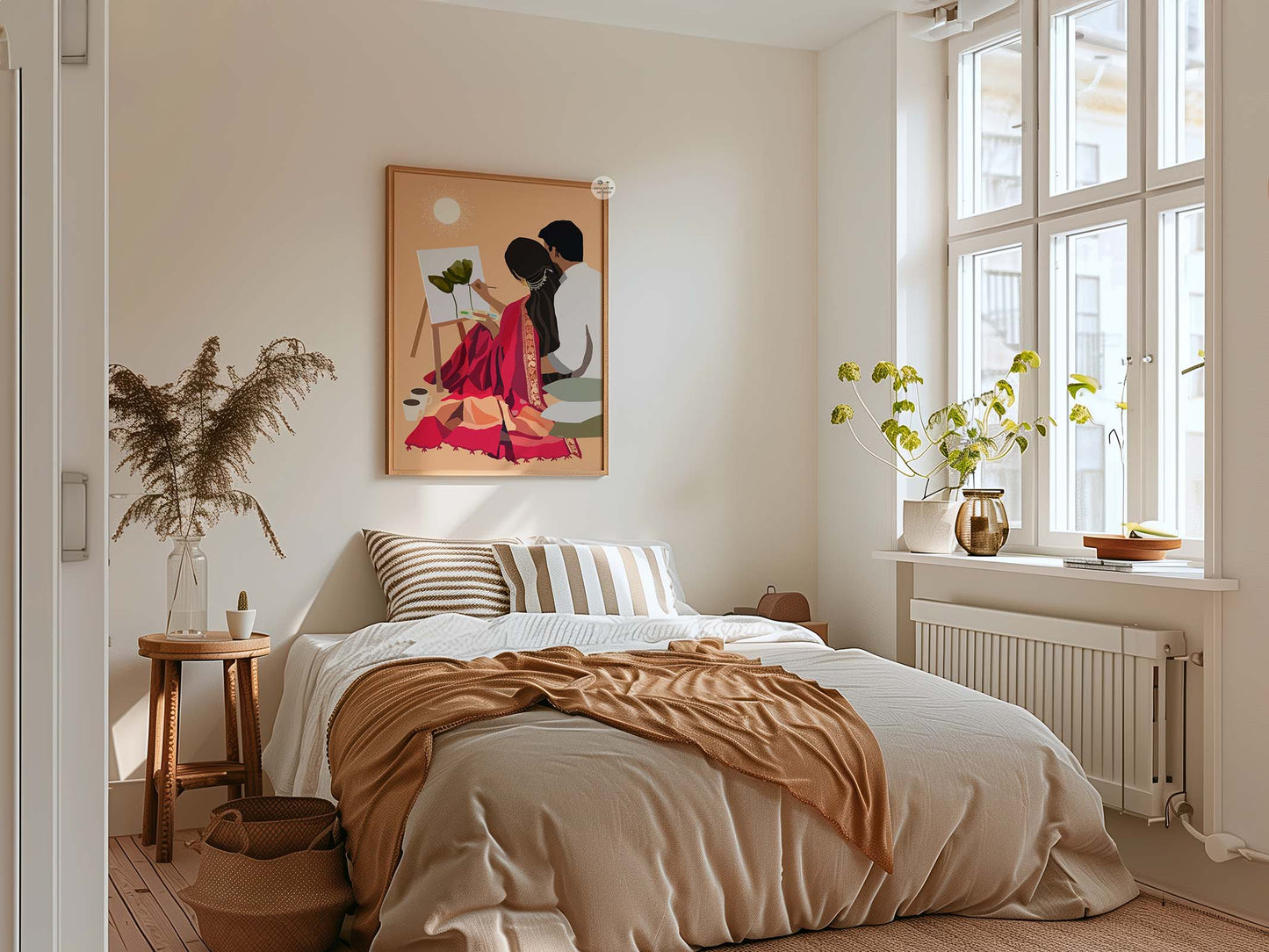 Soft toned Indian artwork capturing companionship and creative bonding moment