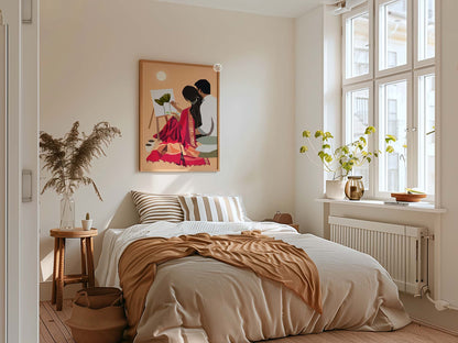 Soft toned Indian artwork capturing companionship and creative bonding moment