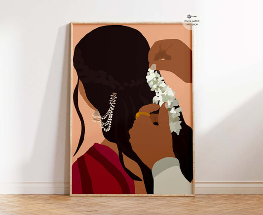 Indian couple art print showing jasmine flowers placed in hair with saree romantic wall decor