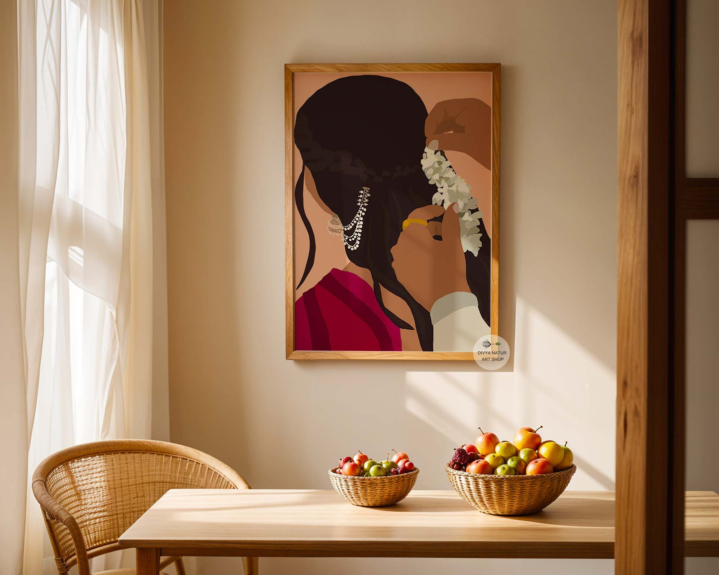Close up romantic Indian artwork featuring jasmine hair detail and traditional styling