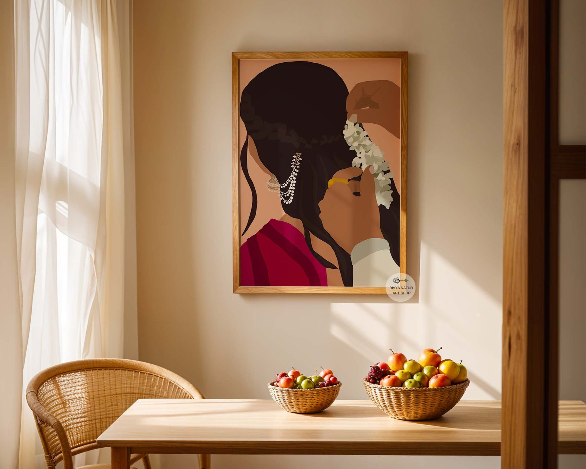 Close up romantic Indian artwork featuring jasmine hair detail and traditional styling