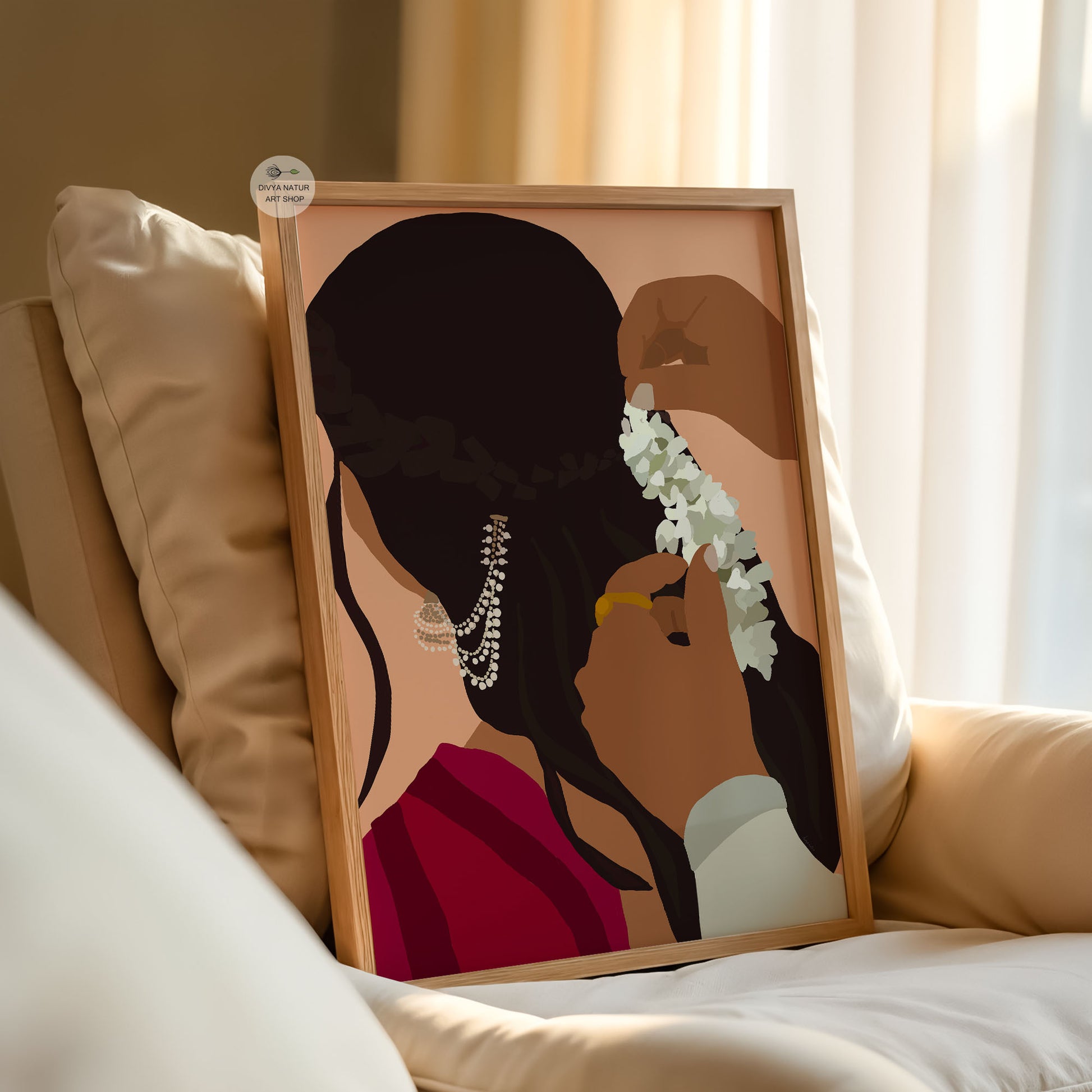 Indian cultural wall decor showing gentle gesture of placing flowers in braided hair