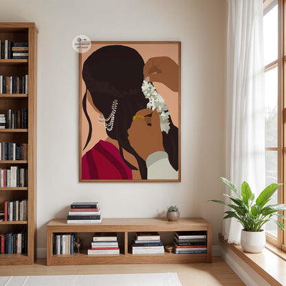 Romantic couple art print with jasmine gajra and warm toned traditional saree scene