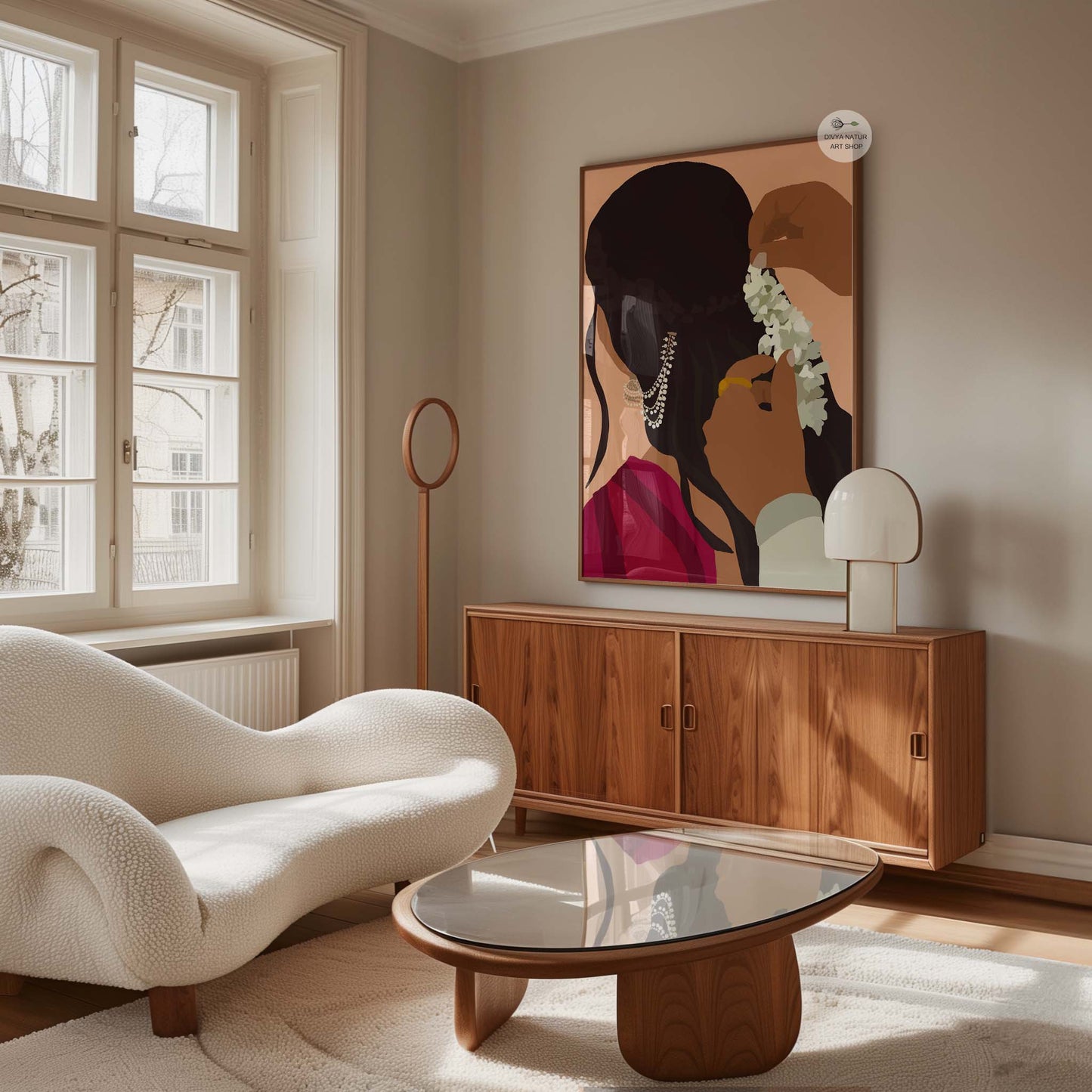 Minimal Indian artwork focused on hair styling with jasmine flowers and soft tones